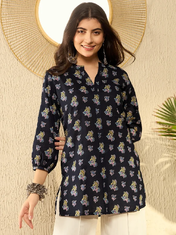 Women Navy Blue Cotton Blend Ethnic Motifs Printed Regular Tunic