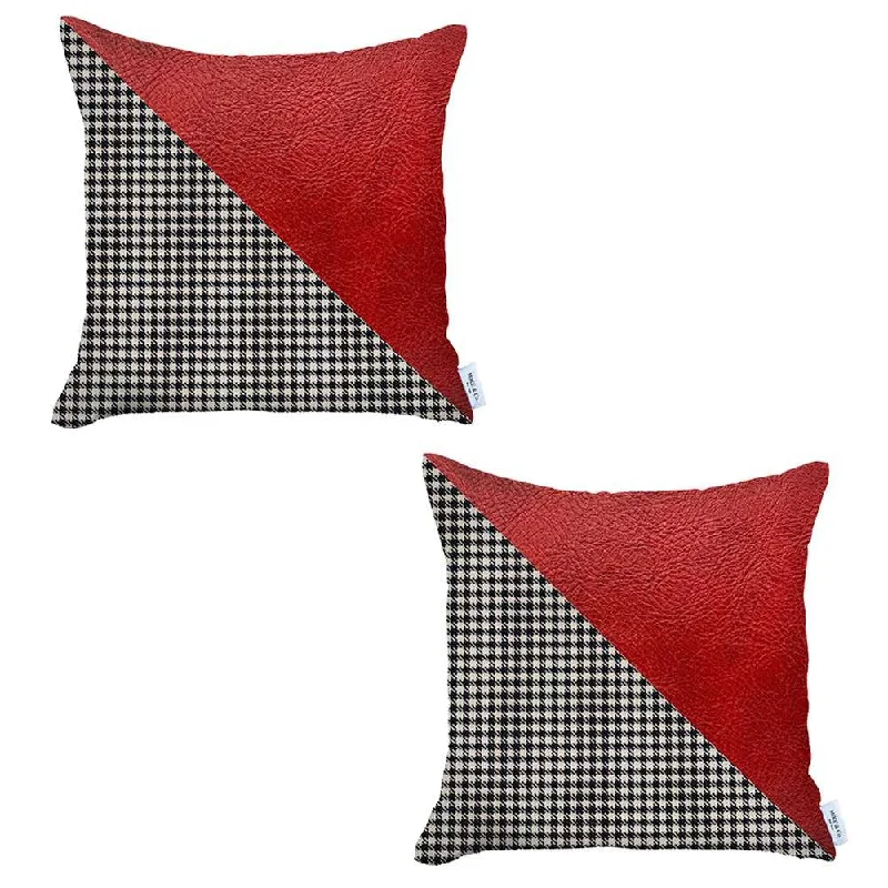 Set Of 2 Houndstooth Red Faux Leather Pillow Covers