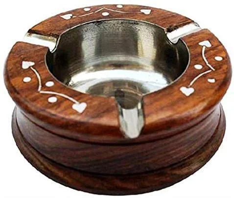 E-EZRA Set of 1 Wooden Decorative Round Ashtray with 3 Spots for Resting While Smoking