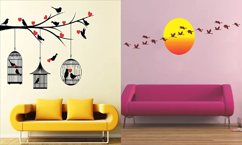 Ghar Kraft Set of 2 Wall Sticker Love Birds with Hearts and Sunrise with Flying Birds Wall Sticker