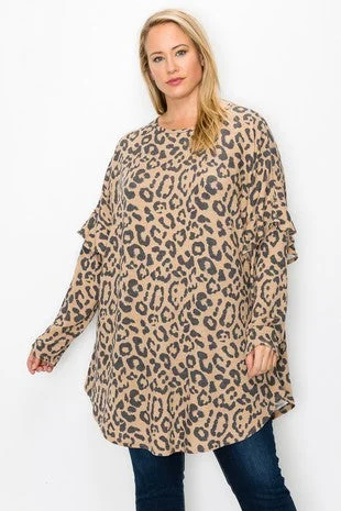 Beige Leopard Ruffle Sleeve Long Length Tunic Top