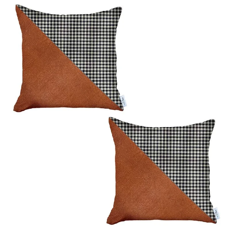 Set Of 2 Houndstooth Brown Faux Leather Pillow Covers