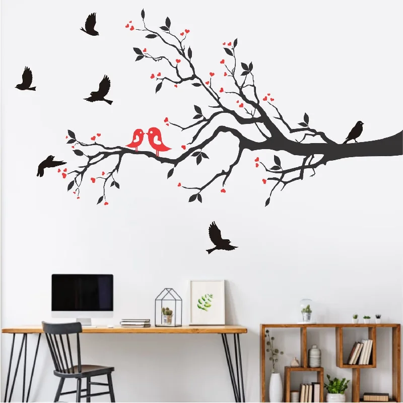 WALLPIK ' Tree - Branch with Lovely Birds - Hearts - Love - Creative - Colourful - Decorative - Wall Sticker ' - WP005 (PVC Vinyl - 150 cm X 100 cm)