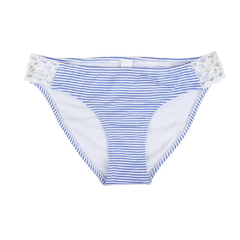 Women's Striped Lace Side Bikini Bottom,Blue/White