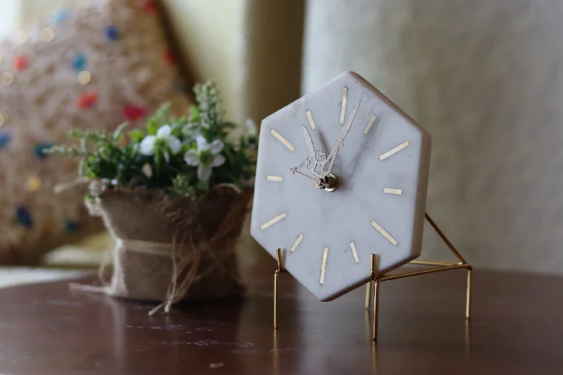 MARMEX Brand || Marble Brass Table Clock | Hexagon Shape II