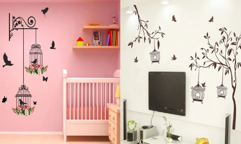 Walltech Set Of 2 Wall Sticker Branches And Cages Free Bird Cage Brown (Polyvinyl Chlorideself-Adhesive, Wall, 5 Cm, 50 Cms)