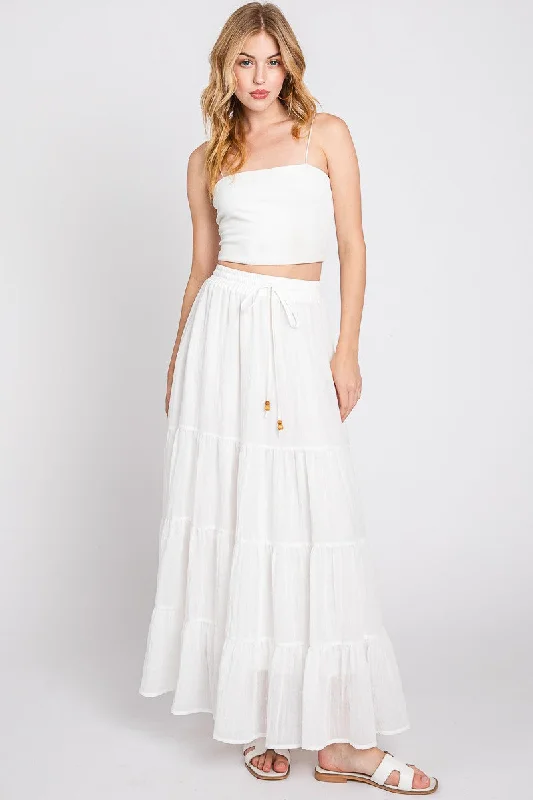 White Drawstring Tiered Maxi Skirt