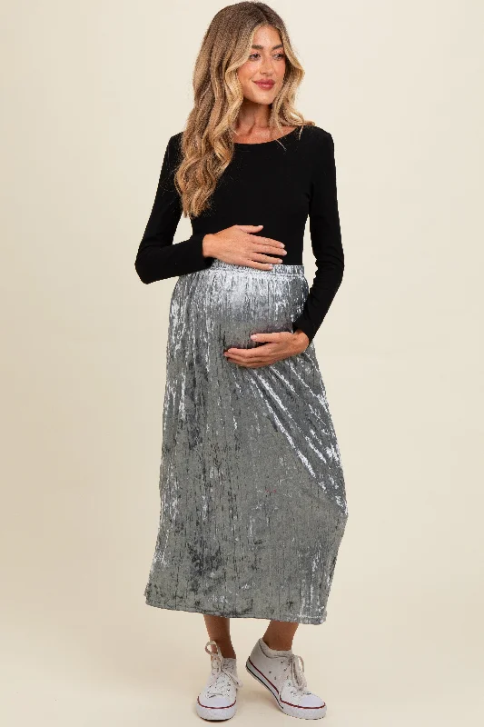 Blue Velvet Crinkled Maternity Midi Skirt