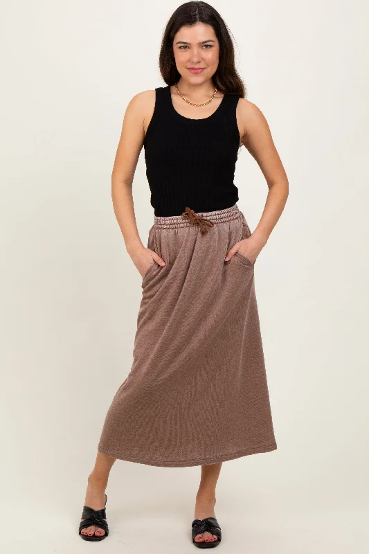 Mocha Terry Drawstring Midi Skirt