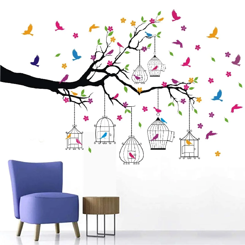 WALLSTICKS Tree Branch Flowers Birds Cage Decorative PVC Vinyl Wall Sticker (150 cm X 100 cm, Multicolor)