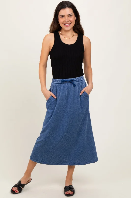 Light Navy Terry Drawstring Midi Skirt