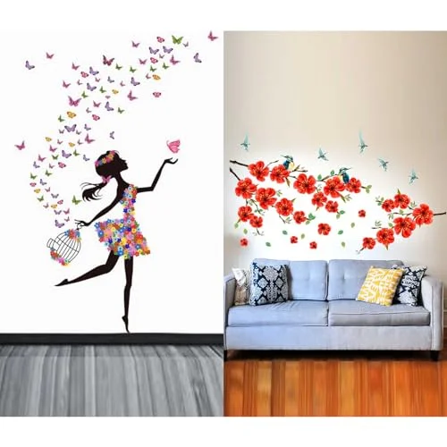 WALLBOOK Set of 2 Wall Stickers Dreamy Girl | Branch of Sakura Blossom for Home, Hall, Bedroom, Livingroom & Kitchen