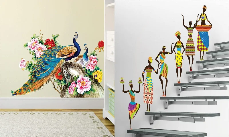 Ghar Kraft Set of 2 Wall Sticker Royal Peacock and Tribal Lady Wall Sticker