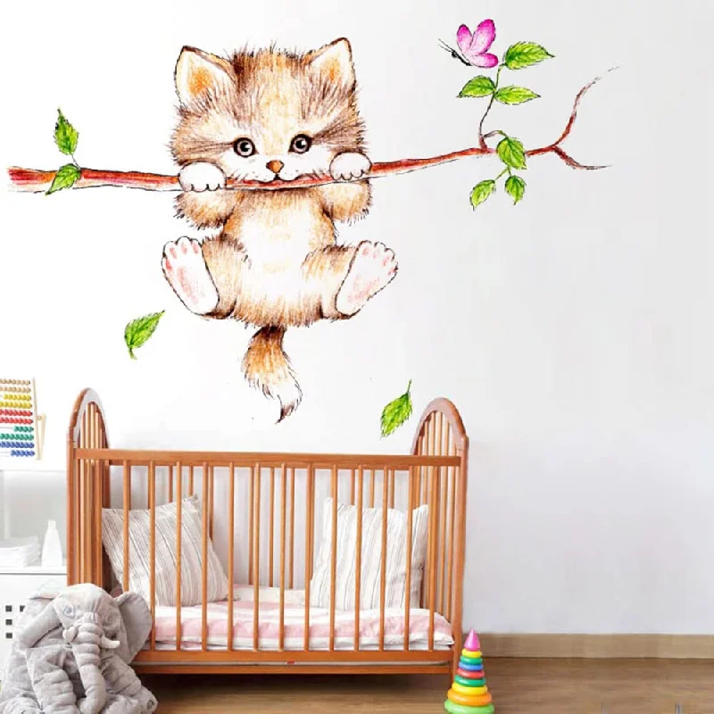 Wallpik - Cute Cat - Hanging - Branch - Cartoon - Butterfly - Nursery - Decoration - Wallsticker - WP216