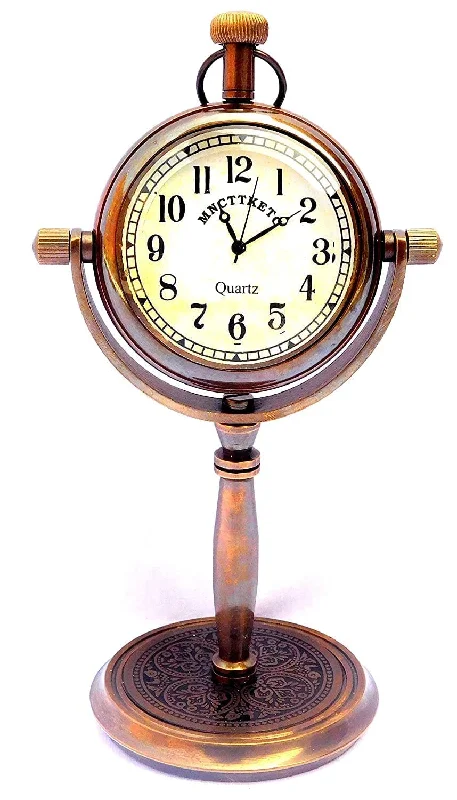 Blue Globe Brass Antique Stand Clock Table Desk Rounded Shape Clock with Bold Numbers for Home Study Living Room & Office Decor Stand Table Clock with Antique Finish