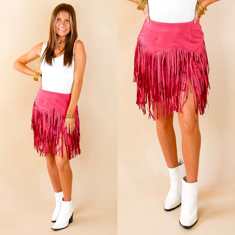 Pep Into Your Step Suede Fringe Skirt in Pink