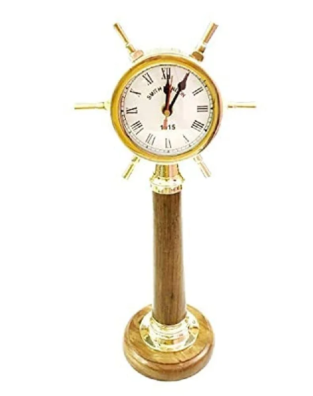 ALI NAUTICAL Handmade Nautical Brass Ship Wheel Table Top Clock Vintage Maritime Clock Roman Number Home & Office Decor Gift Item Gifting Item (Gold & Brown)