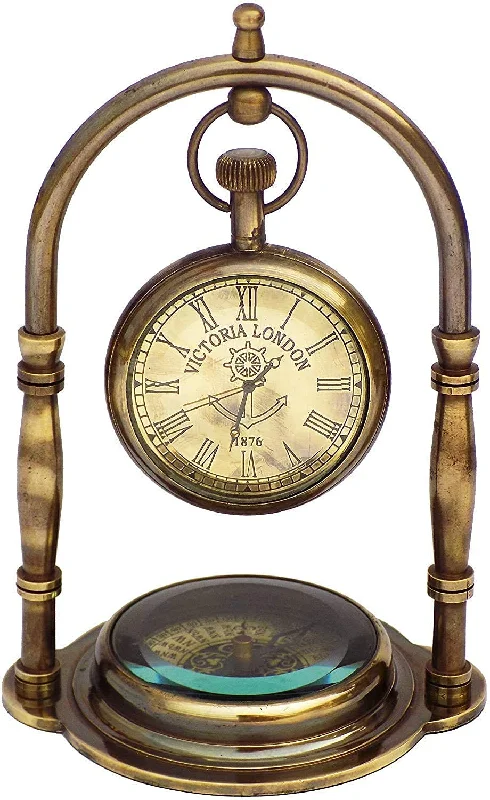 ANTIQUANA Table Clock with Maritime Vintage Brass Compass Antique Victoria London (Brown)