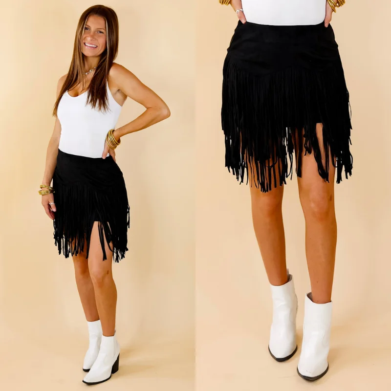 Pep Into Your Step Suede Fringe Skirt in Black