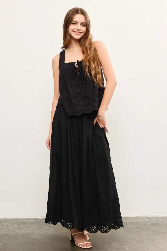 Black Smocked Waist Eyelet Lace Hem Maxi Skirt