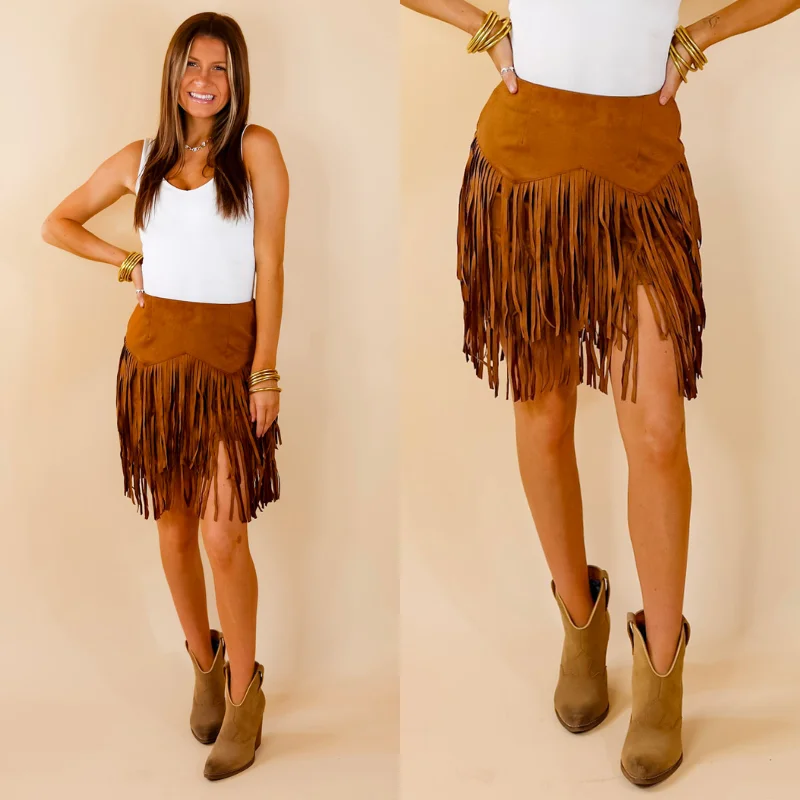 Pep Into Your Step Suede Fringe Skirt in Camel Brown