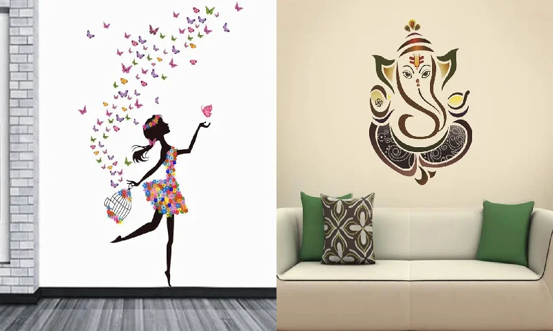 Ghar Kraft Dream Girl and Royal Ganesh PVC Wall Sticker Set of 2