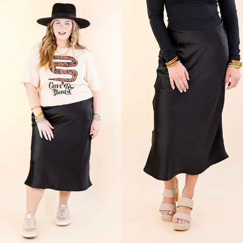 Bubbly And Blissful Satin Midi Skirt in Black