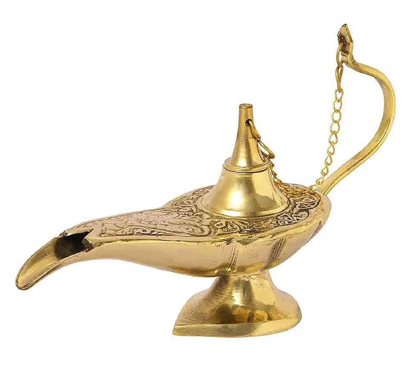 AHSKY Clock Handicraft Hand Crafted Metal Aladdin Chirag Lamp Brass Home Decor Showpiece Golden