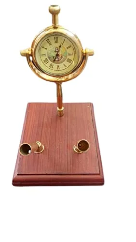 Antique Solid Brass Made Desk Clock with Wooden Box & Two Brass Pen Holder for Office Table Decor (Brown) by Royal Collection