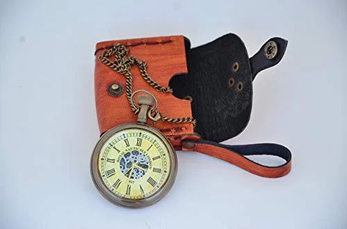 USEW Handmade Roman Dial Antique Vintage Style Brass Clock with Chain and A Brown Leather Case