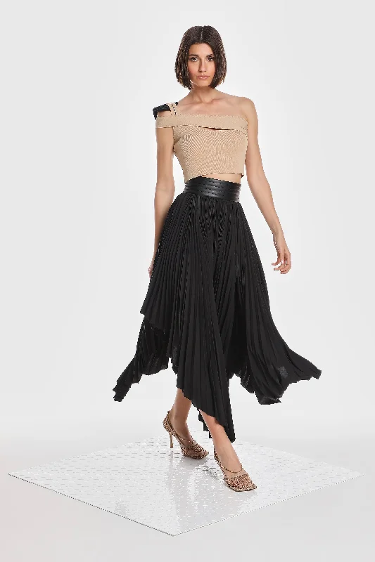 ASYMMETRIC PLEATED SKIRT W/ VEGAN LEATHER WAIST