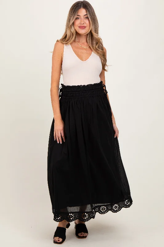 Black Smocked Waist Eyelet Lace Hem Maternity Maxi Skirt