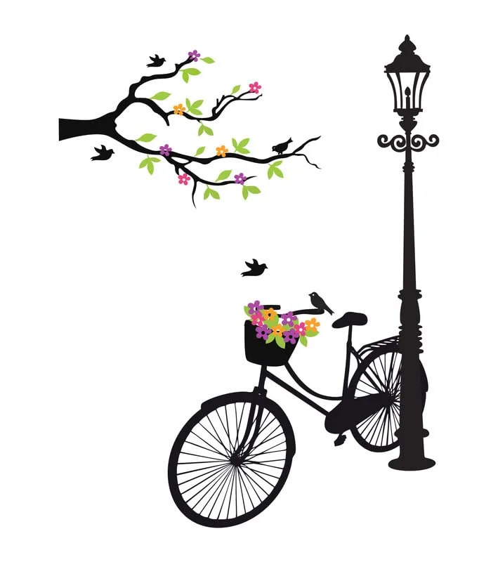 K2A Design Decorative Cycle with Street Lamp and Tree Branch with Birds Wall Sticker Multicolor PVC Vinyl 110x75 Cm