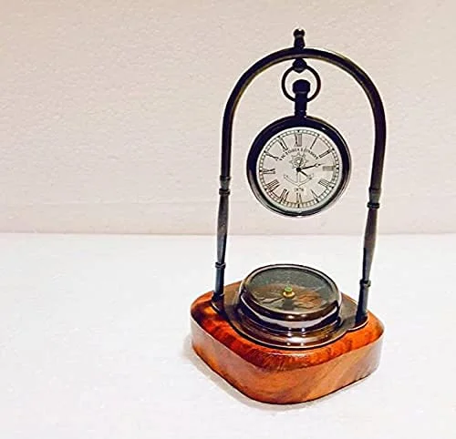 Home Decor Instrument Antique Brass Hanging Clock with Compass and with Wooden Base. can be Used as Office use, Weight Papers, desks/Tables, Decorative Items and for Gift