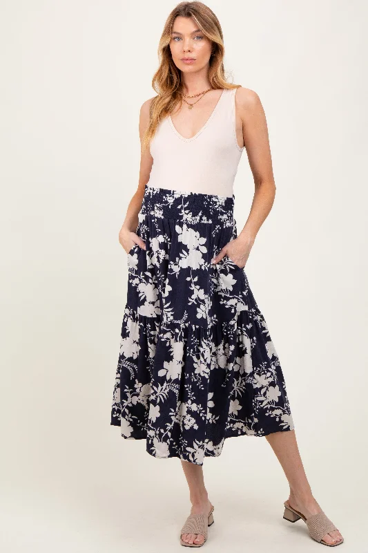 Navy Floral Smocked Waist Maternity Midi Skirt