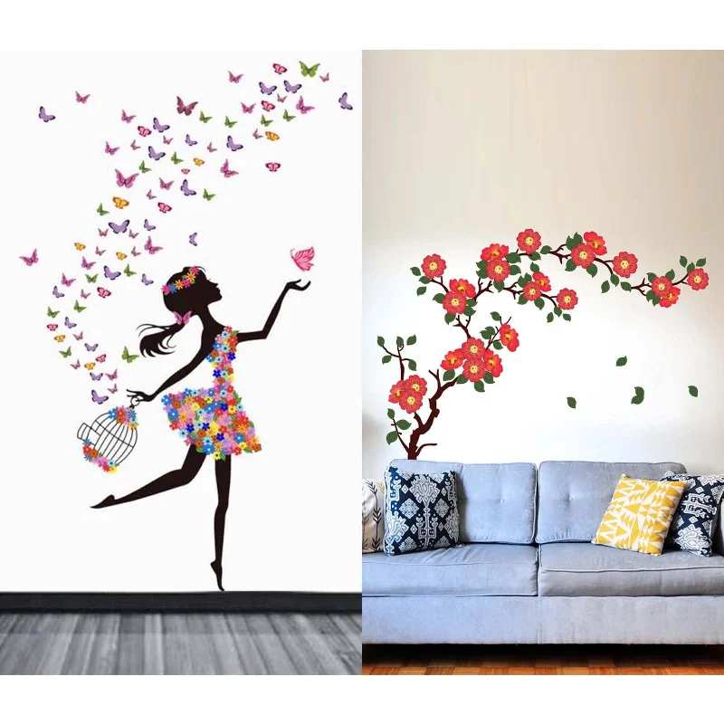 WALLBOOK Set of 2 Wall Stickers Dreamy Girl | Floral Branch Antique Flowers for Home, Hall, Bedroom, Livingroom & Kitchen