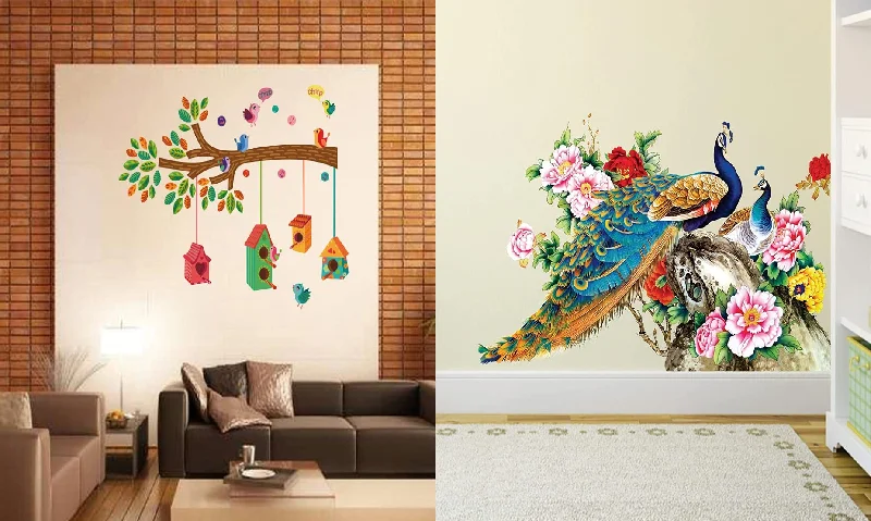 Walltech Set of 2 Wall Sticker Bird House On A Branch and Royal Peacock Wall Sticker