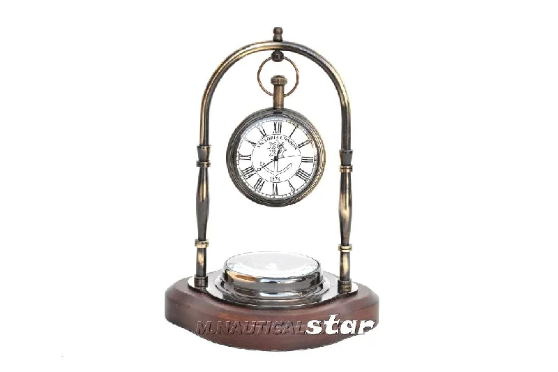 Brass Antique Desk Clock with Compass Working with Wooden Base Home Decor