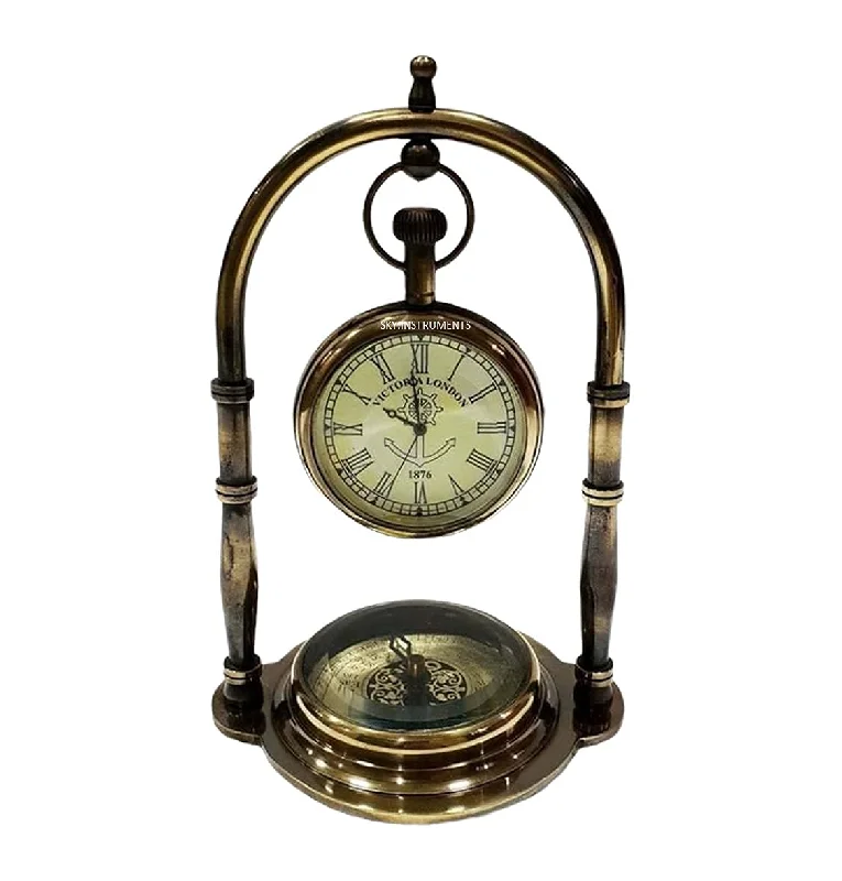 Sky Instrument Desk Clock Table Clock for Study Table Direction Compass for Office Table Decor Compass Clock Decorative Brass Clock for Desk Shelves Hanging Analog Clock & Compass Base