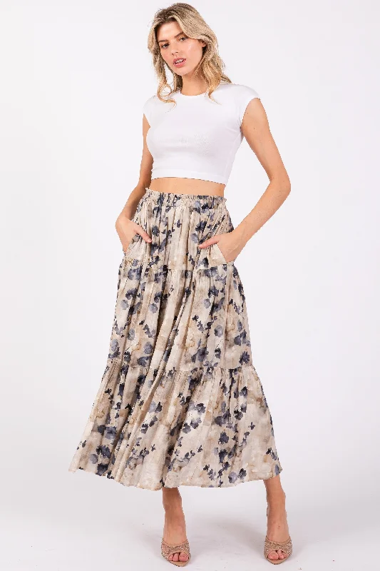 Cream Watercolor Floral Tiered Midi Skirt