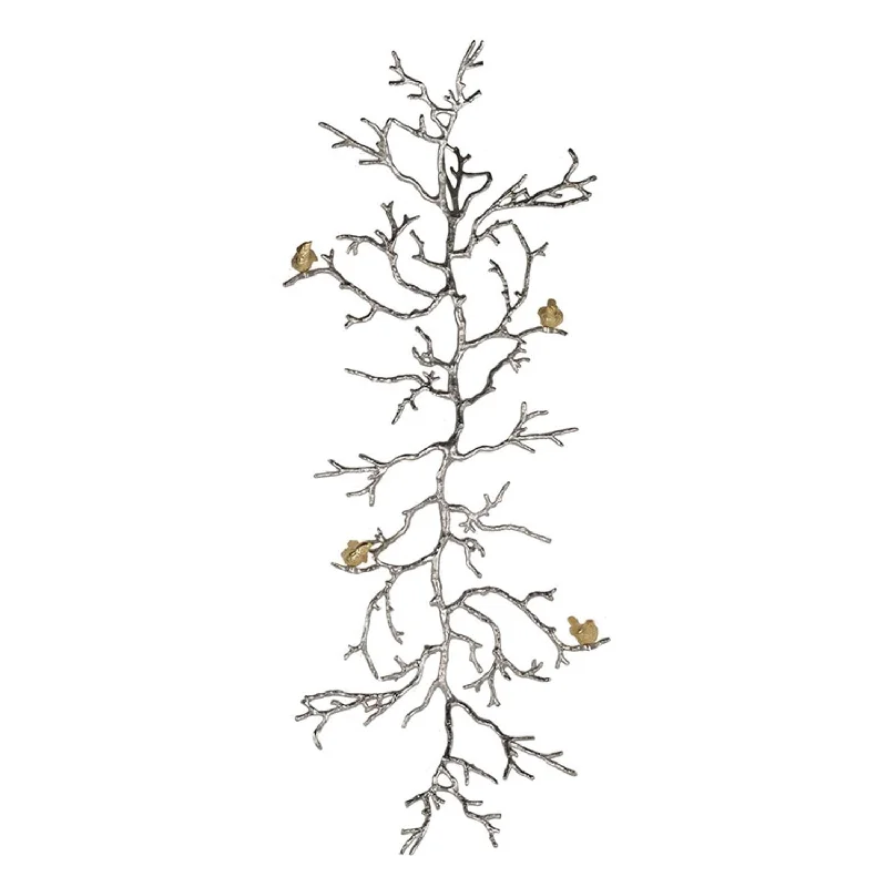 Modern 44" Silver Branch and Golden Birds Wall Art