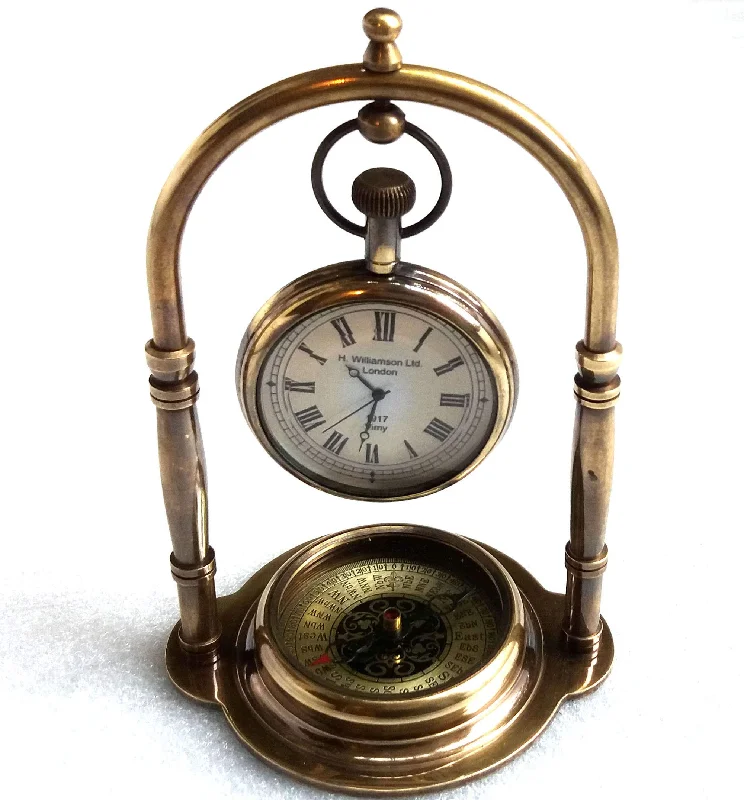 ROORKEE HOME DECOR Home/Office Decorative Brass Table Clock with Compass Handmade Working Table Clock