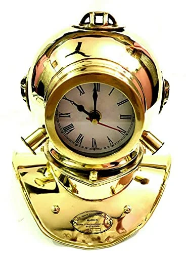 Antique Nautical Shiny Brass Vintage Divers Diving Helmet Clock Desk Decorative Item