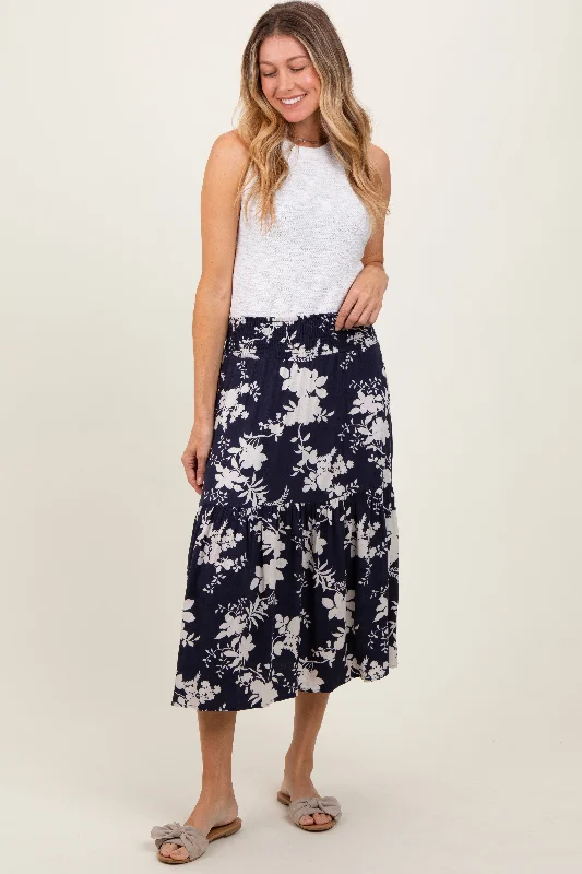 Navy Floral Smocked Waist Midi Skirt