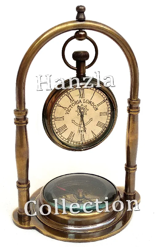 Hanzla Collection Nautical Clock Ship Table Clock Brass and Glass Desk Clock Maritime Compass with Antique Victoria London Pocket Watch, Brown, 3.5 x 3 x 5.5 Inches