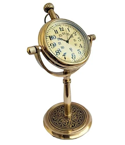 Brass Antique Analog Vintage Look Style Table Clock & Desk Clock, Office Tabletop Decor & Gifting Item