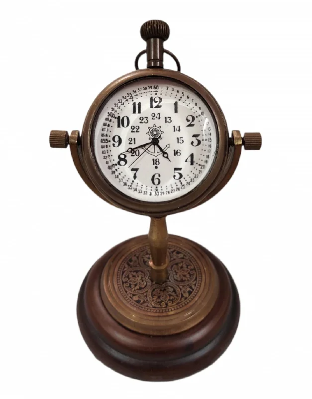 Modern Treasures Desk Table Clock with Wooden Base Decor Vintage Brass Watch Nautical Antique