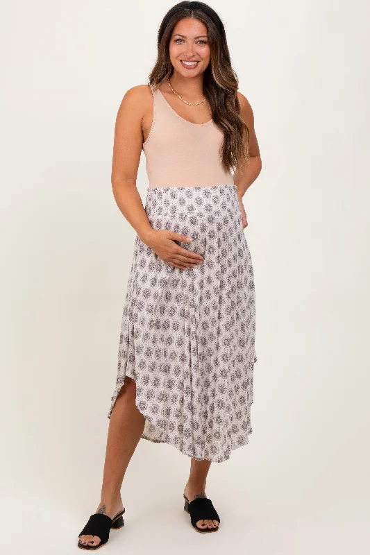 Grey Damask Print Smocked Waistband Maternity Midi Skirt