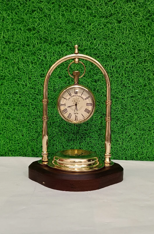 SOHRAB NAUTICALS Antique Brass Hanging Table Watch with Directional Compass Full Brass for Your Office Table & Home Decor and etc, Size L=12.5 H=15.5 CM and dial Compass & Watch Size 5cm