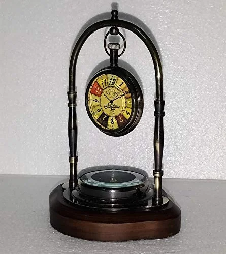 Castle Instruments Beautiful Antique Style Multicolour Brass Table Clock with Magnetic Compass with Wooden Base